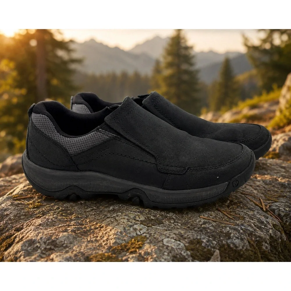Merrell Mens Anvik Pace Moc Black Leather Slip On Hiking Shoes J95159 Size 10.5